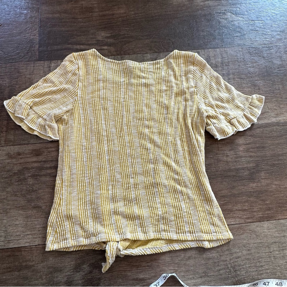 Anthro W5 mustard striped tie front ruffle sleeve top - Picture 2 of 7